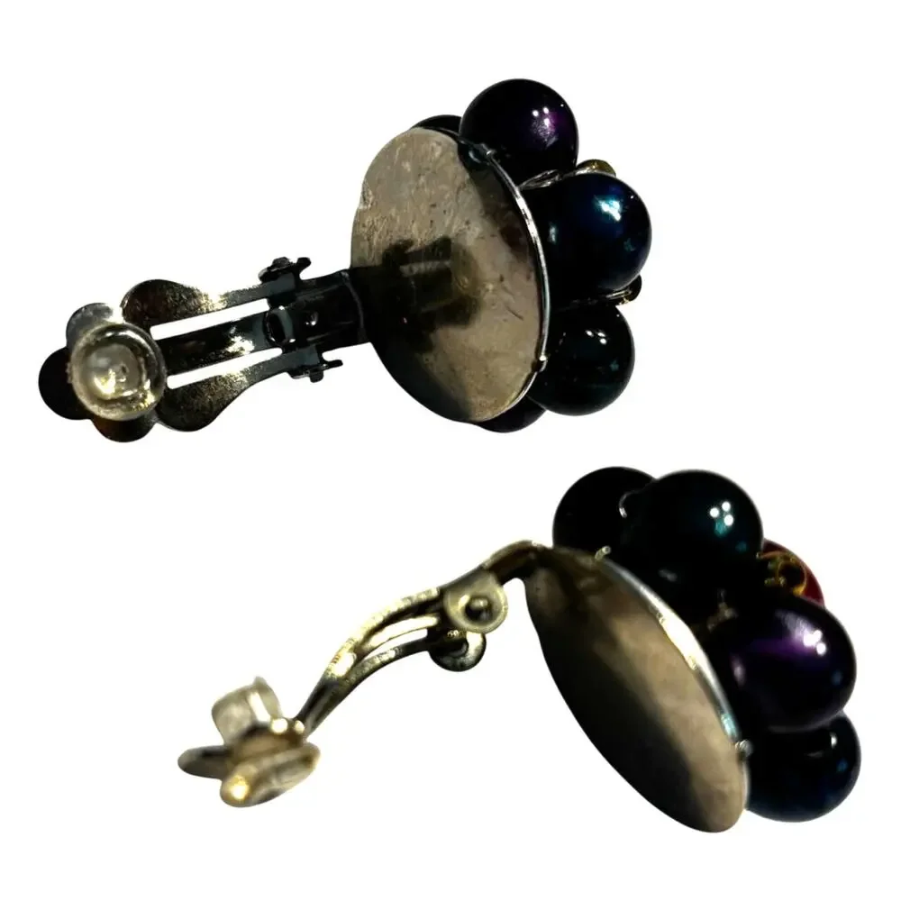 Vintage clip on earrings gem tones & gold beaded clusters mid century rounds